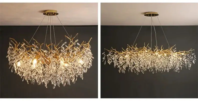 DecorBites™ luxury crystal chandelier with gold-toned intricate crystal leaves and LED lights for living room decor