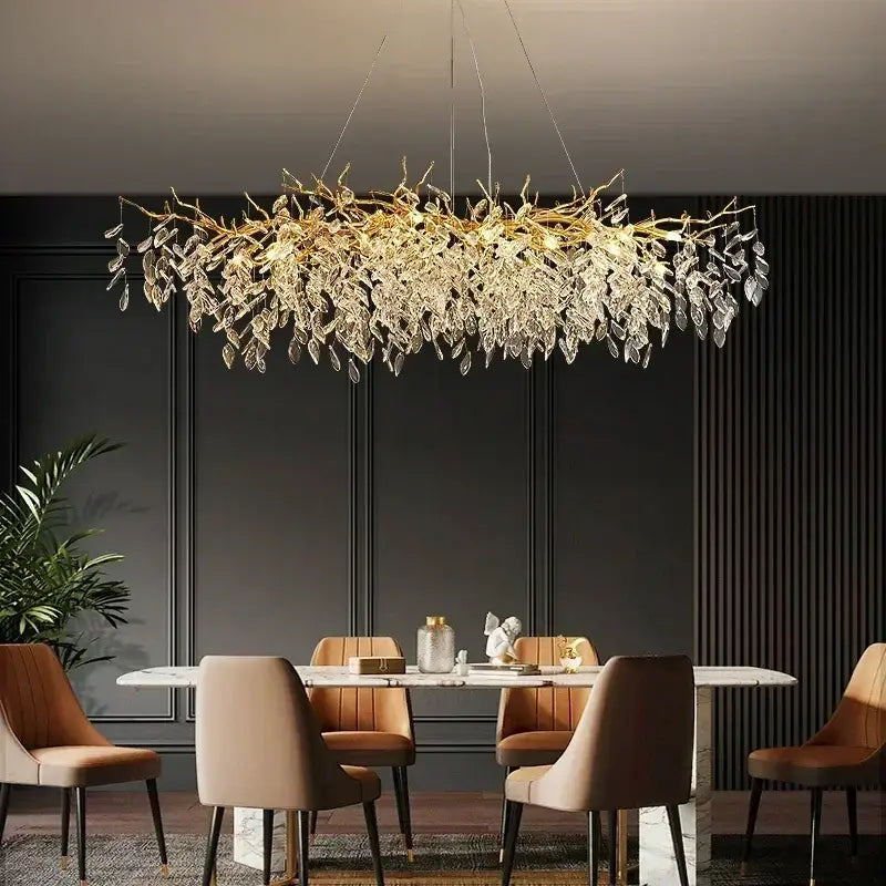 DecorBites luxury crystal chandelier with golden branch design and dangling crystal leaves for living room lighting