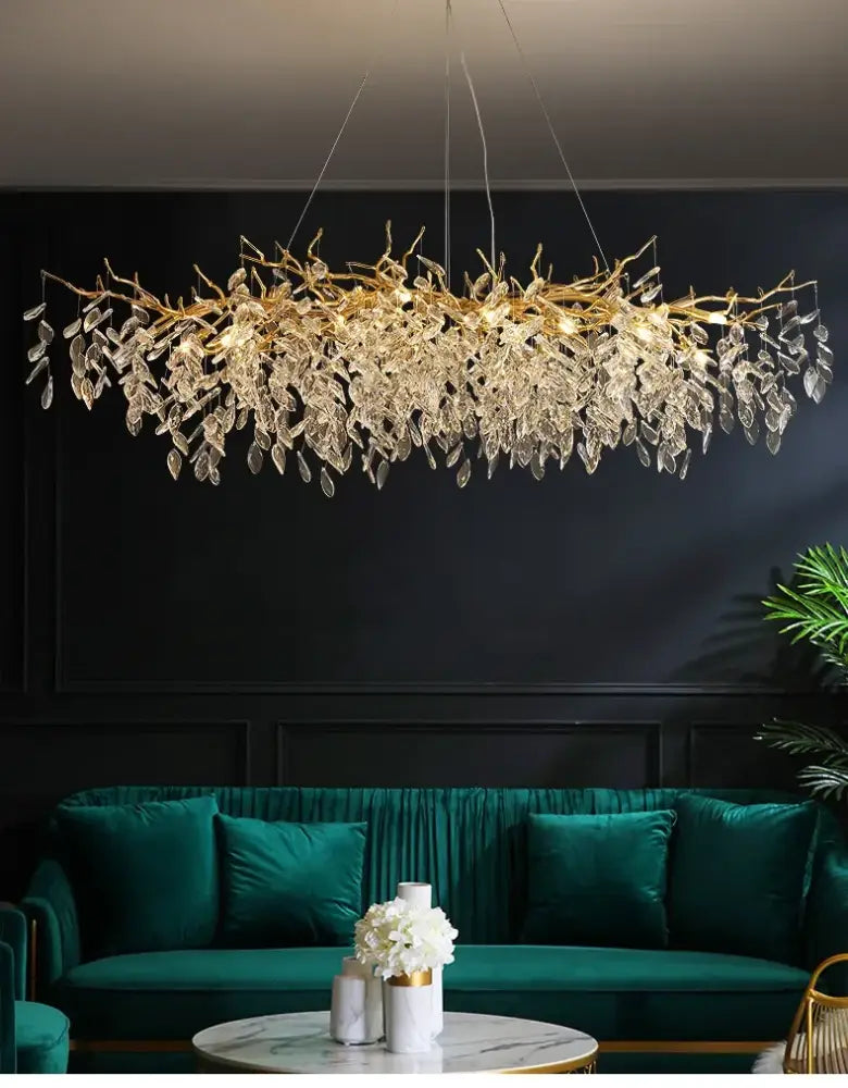 Golden branch-shaped luxury crystal chandelier with clear crystal leaves and LED lights for living room decor