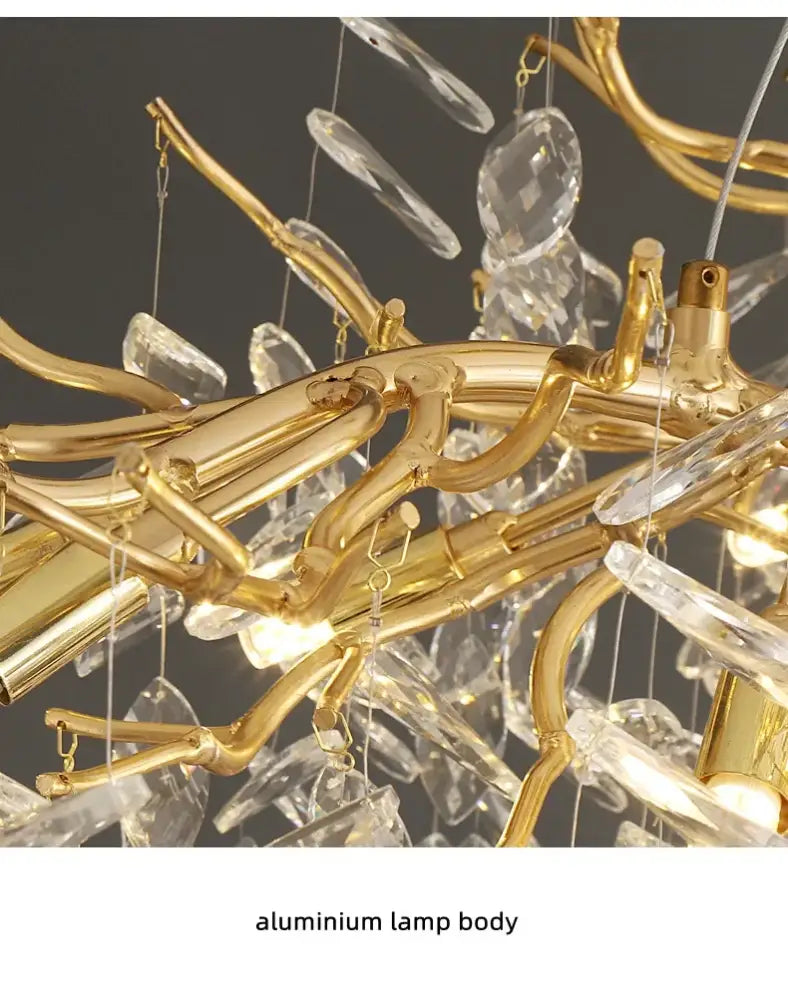 DecorBites luxury crystal chandelier with golden brass aluminum arms and clear crystal droplets for living room lighting