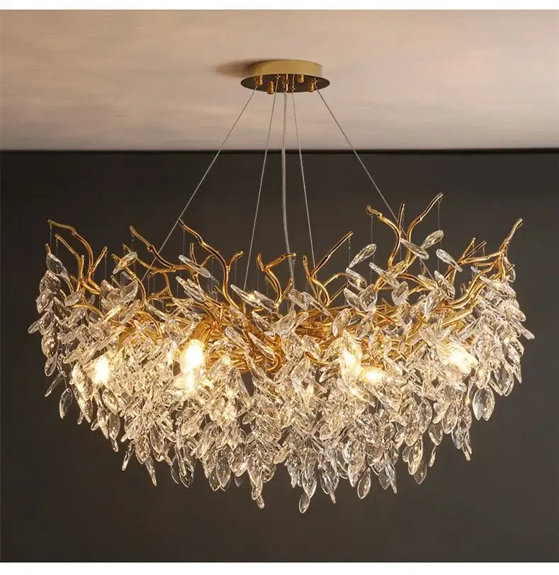 DecorBites luxury crystal chandelier gold leaf design with clear crystal droplets and LED lights for living room lighting