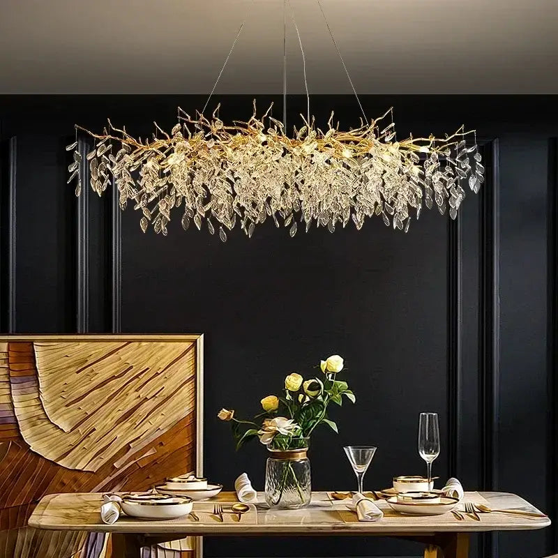 DecorBites luxury crystal chandelier with golden leaf design and dangling crystal leaves for elegant living room decor