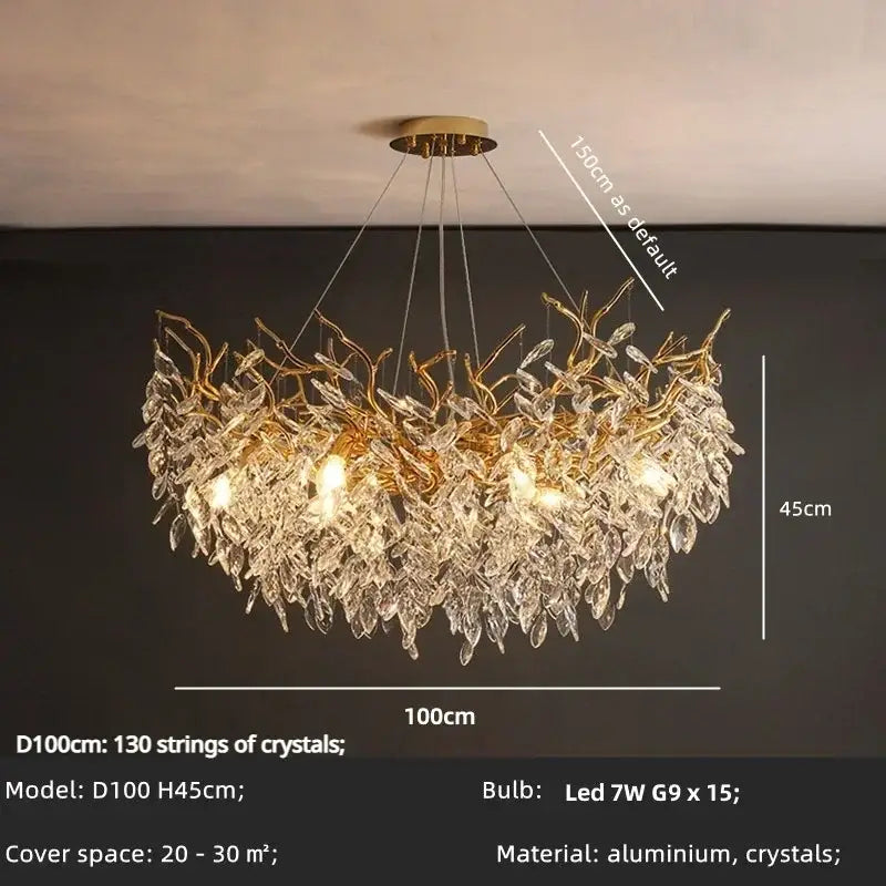 DecorBites™ luxury crystal chandelier with gold-toned aluminum branches and LED lights for elegant living room decor