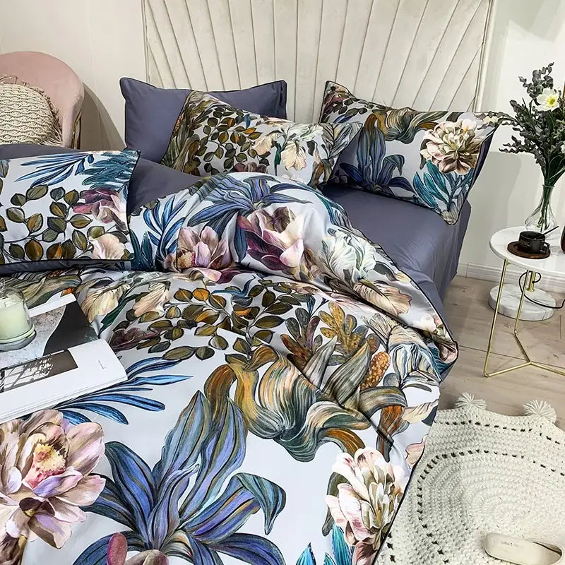 Decorbites luxury egyptian cotton duvet cover set with vibrant blue green and pink botanical floral pillowcases