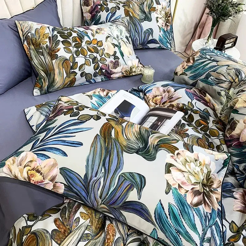 DecorBites™ luxury Egyptian cotton duvet cover and pillowcases set with botanical soft blue green gold cream floral motifs
