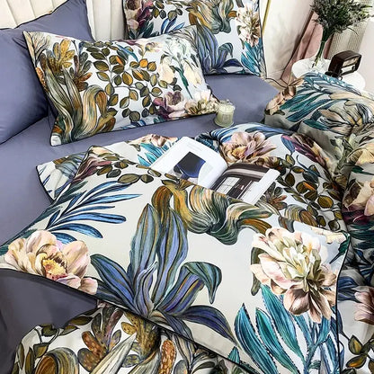 DecorBites™ luxury Egyptian cotton duvet cover and pillowcases set with botanical soft blue green gold cream floral motifs