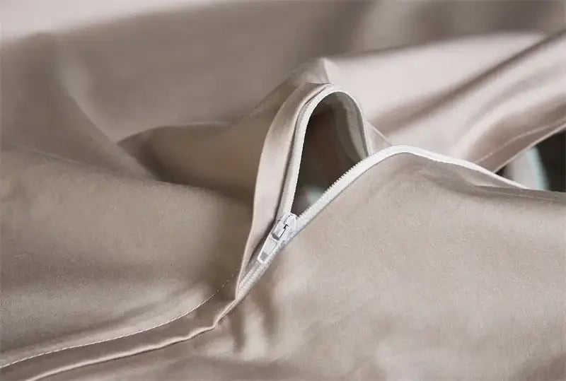 Beige satin egyptian cotton duvet cover with subtle sheen and white zipper closure from decorbites luxury bedding set