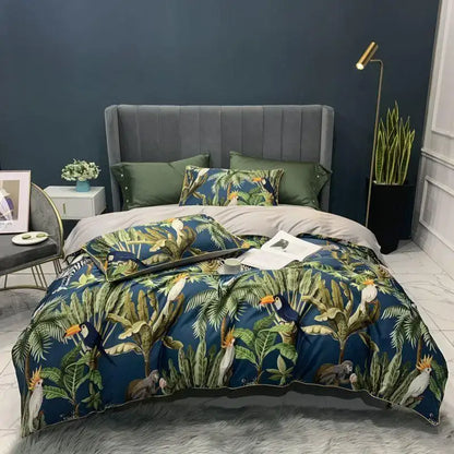 Blue tropical bird and foliage printed duvet cover set with matching pillowcases in luxury egyptian cotton by DecorBites