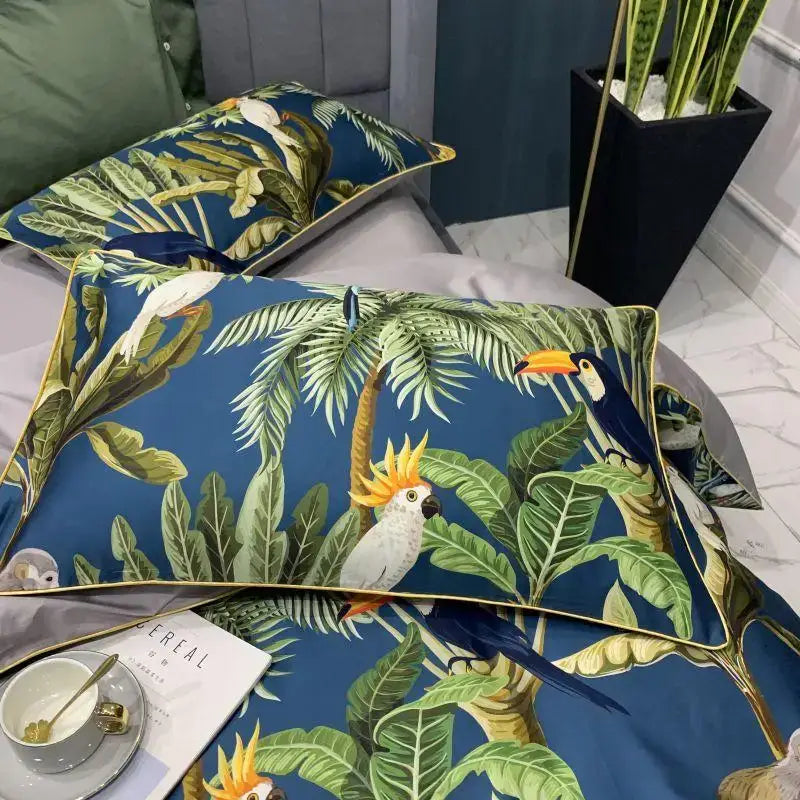 DecorBites luxury Egyptian cotton pillow sham with blue tropical foliage and colorful parrots gold trim for duvet cover sets