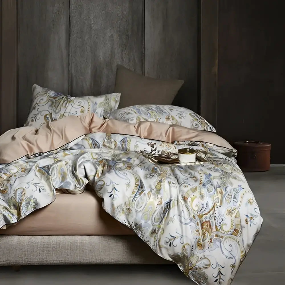 DecorBites luxury egyptian cotton duvet cover with intricate gold gray cream paisley pattern and matching pieces pillowcases