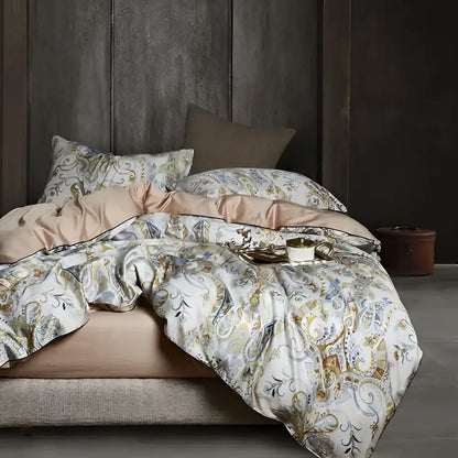 DecorBites luxury egyptian cotton duvet cover with intricate gold gray cream paisley pattern and matching pieces pillowcases