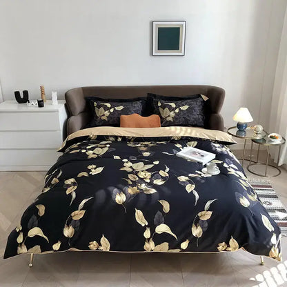 Decorbites™ luxury egyptian cotton duvet cover set in black satin with gold flamingo leaf pattern and matching pillowcases