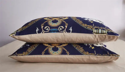 Decorbites luxury egyptian cotton duvet cover pillowcases set featuring navy cushion with gold white ornate patterns and beige backing