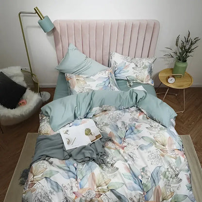 Decorbites luxury egyptian cotton duvet cover set in pastel green and white with floral design and soft satin-like fabric