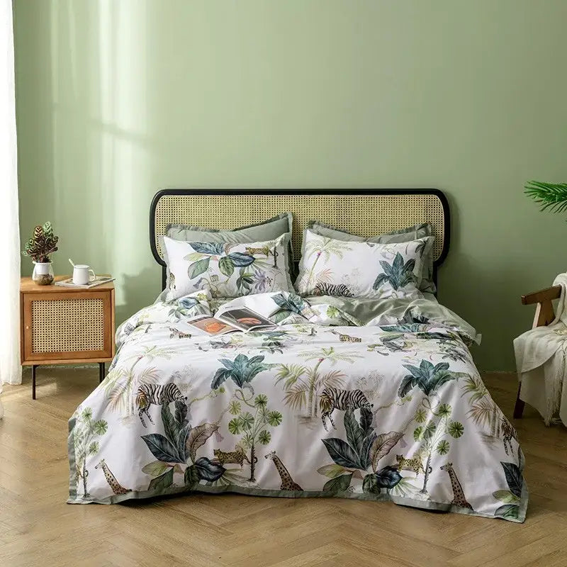 White duvet cover with vibrant jungle animal print in egyptian cotton from decorbites™ luxury bedding set including pillowcases