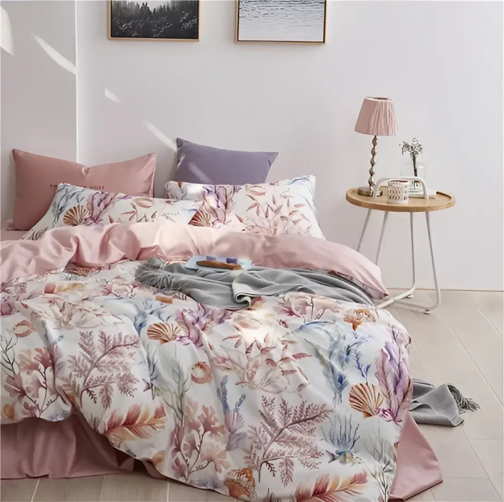 DecorBites luxury egyptian cotton duvet cover set with pastel marine botanical print pillowcases in soft pinks blues and purples