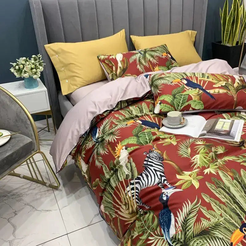 DecorBites™ luxury egyptian cotton duvet cover set featuring red tropical foliage with toucans, zebra, and pillowcases