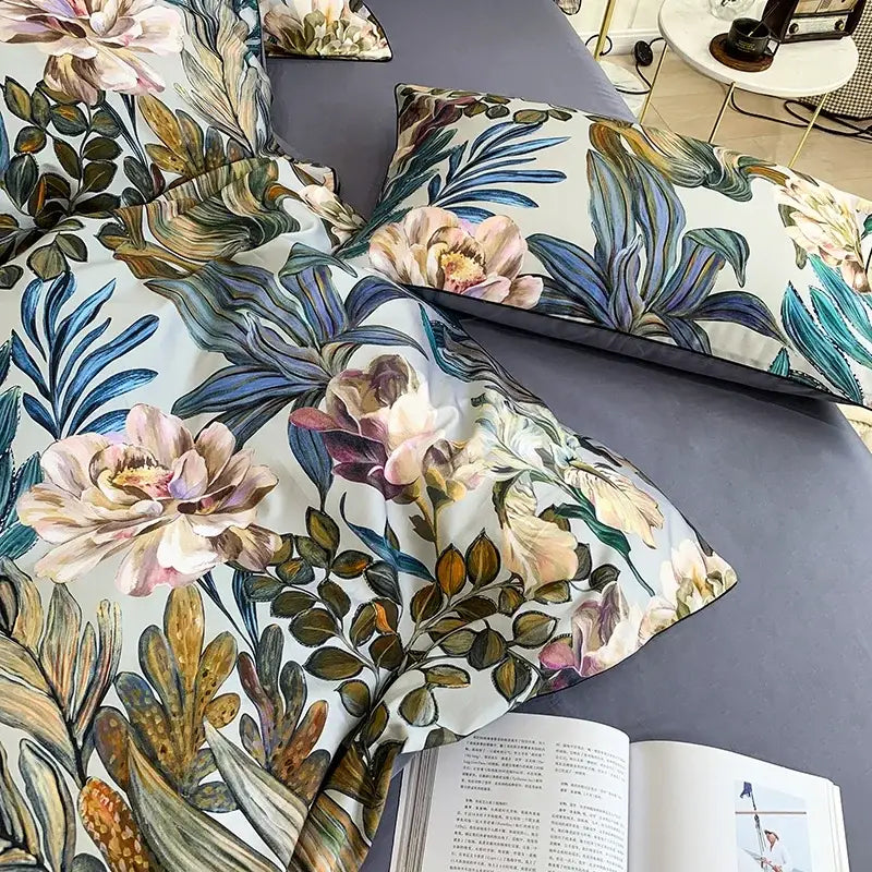 DecorBites™ luxury egyptian cotton duvet cover set with flamingo leaf pattern featuring pastel flowers and pillowcases