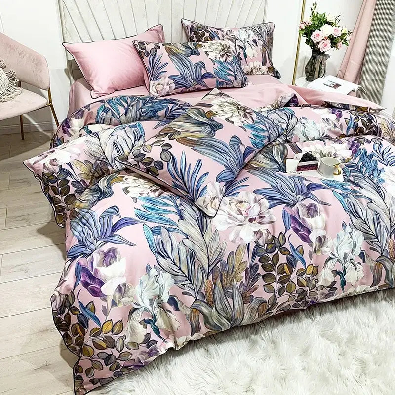 DecorBites™ luxury egyptian cotton duvet cover set with pink floral flamingo leaf pattern and matching pieces pillowcases