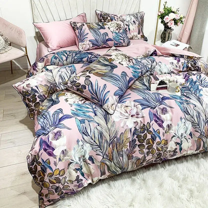 DecorBites™ luxury egyptian cotton duvet cover set with pink floral flamingo leaf pattern and matching pieces pillowcases