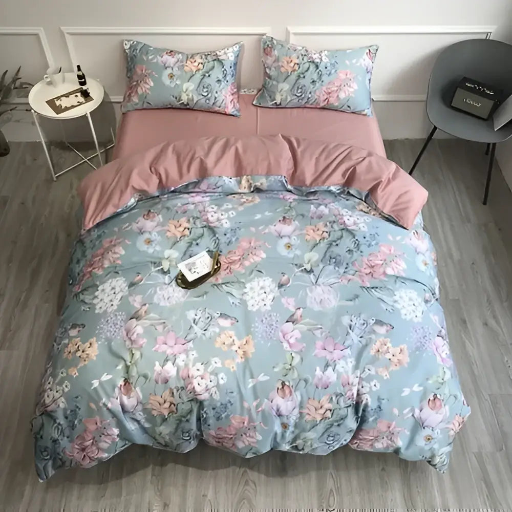 DecorBites luxury egyptian cotton duvet cover set with pastel blue floral pattern and pink accents pillowcases
