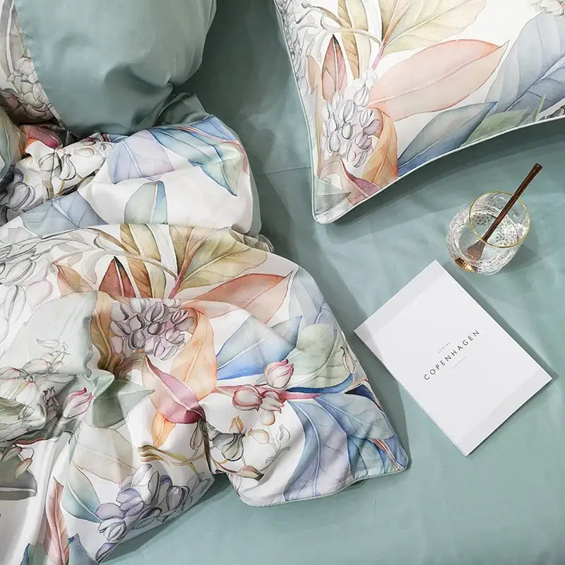 Decorbites luxury egyptian cotton duvet cover with flamingo leaf pattern in pastel blue pink and green with pillowcases