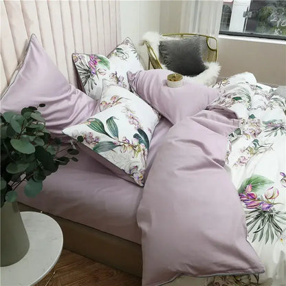 Decorbites luxury egyptian cotton duvet cover with lavender floral satin pillowcases featuring flamingo leaf pattern