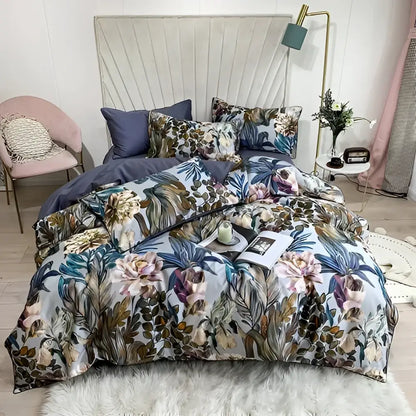 DecorBites luxury egyptian cotton duvet cover set with botanical flamingo leaf pattern in soft pastel and earthy tones