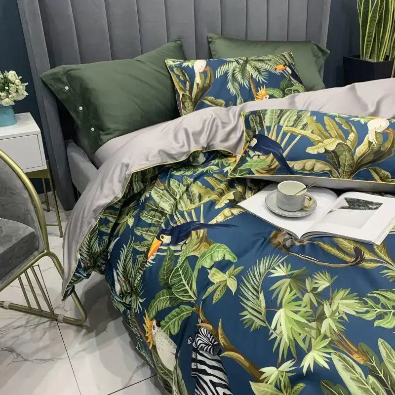 Decorbites luxury egyptian cotton duvet cover with vibrant green leaves toucans on blue tropical satin finish