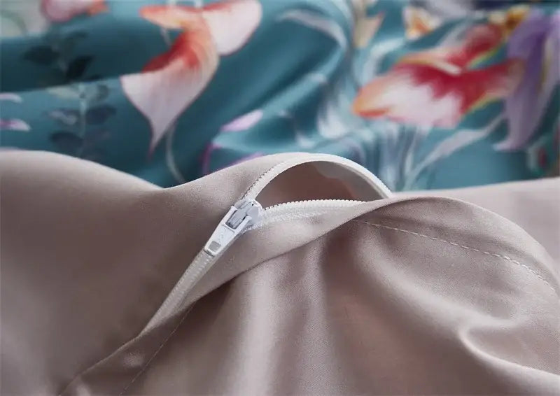 Beige satin pillowcase with white zipper closure from decorbites™ luxury egyptian cotton duvet cover set flamingo leaf pattern