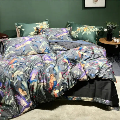 Luxurious dark gray satin duvet cover and pillowcases with vibrant hummingbird illustrations made of egyptian cotton