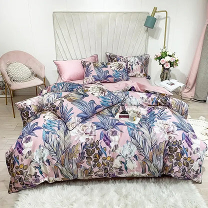 Decorbites luxury egyptian cotton duvet cover set with pink floral print in blue white and purple on soft fabric pieces pillowcases