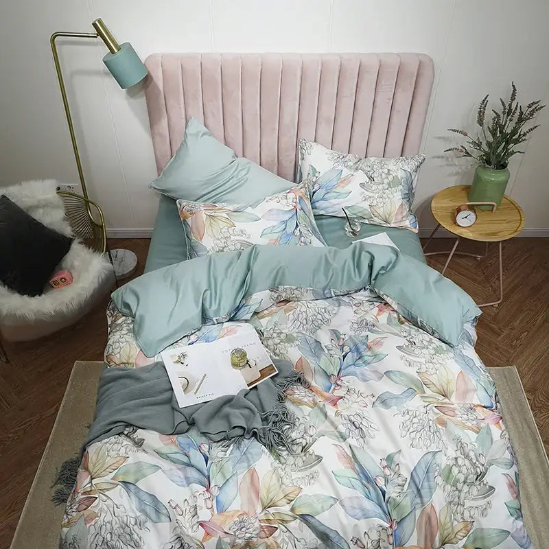 DecorBites luxury egyptian cotton duvet cover set with soft mint green floral leaf pattern and matching pillowcases