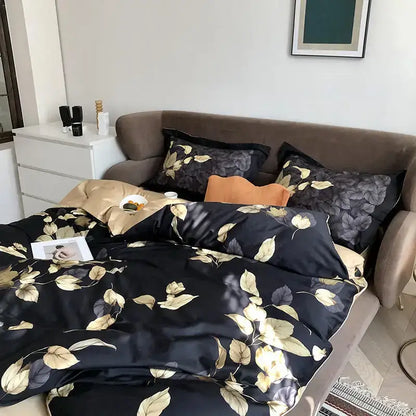 Black satin duvet cover with gold and gray flamingo leaf pattern from decorbites™ luxury egyptian cotton set