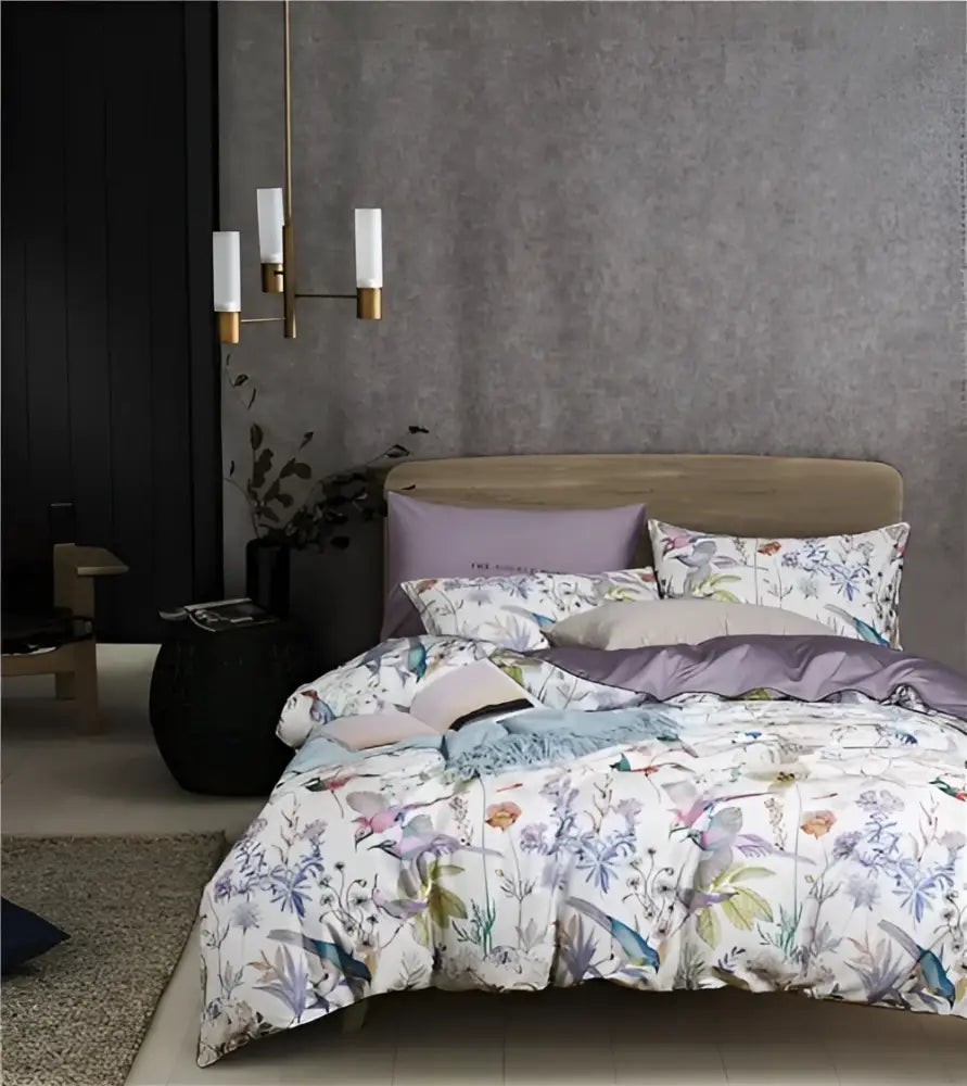 The luxury egyptian cotton duvet cover and pieces pillowcases feature a delicate flamingo leaf botanical print on white