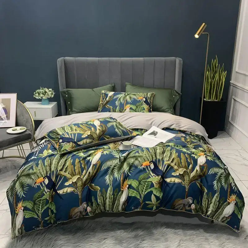 Decorbites luxury egyptian cotton duvet cover set with blue tropical bird and foliage design including pillowcases