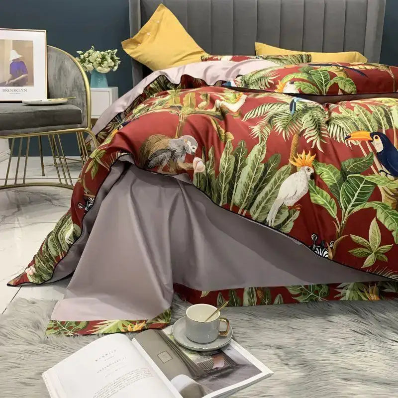 DecorBites™ luxury Egyptian cotton duvet cover with flamingo leaf pattern featuring vibrant toucans and monkeys on red background