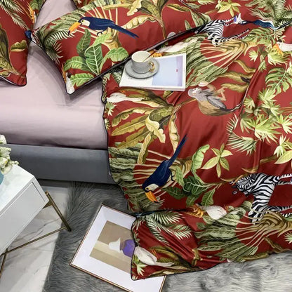 Decorbites™ luxury egyptian cotton duvet cover and pillowcases in red satin with vibrant tropical toucans and zebra pattern