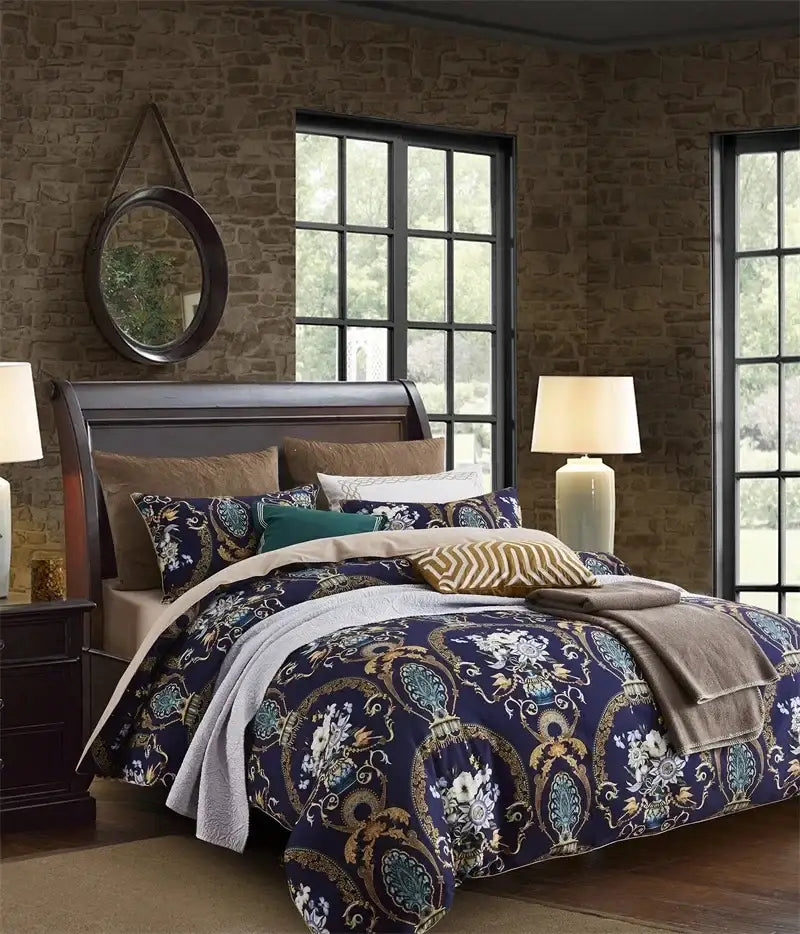 Navy blue quilted egyptian cotton duvet cover set with gold and teal floral paisley pieces pillowcases by DecorBites