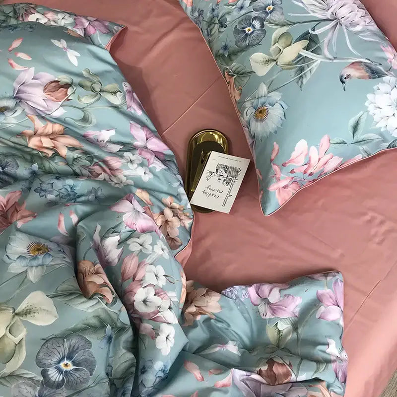 Decorbites luxury egyptian cotton duvet cover in soft teal with pink white gray floral and bird print satin fabric