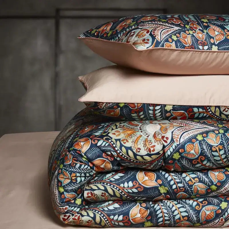 DecorBites™ luxury egyptian cotton duvet cover set with navy blue flamingo leaf pattern and blush pink pillowcases trim