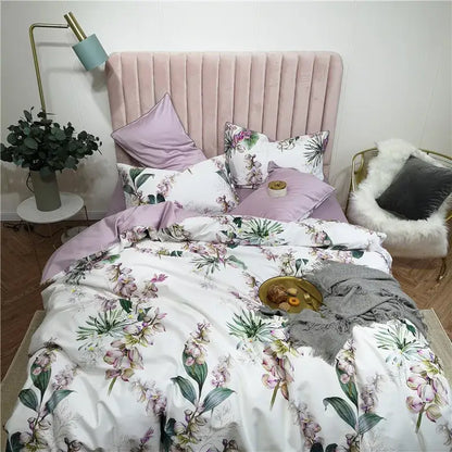 DecorBites™ luxury egyptian cotton duvet cover set with soft lavender floral print and matching pieces pillowcases