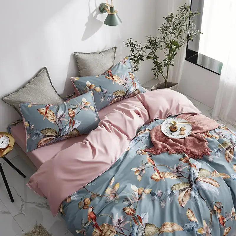 Decorbites luxury egyptian cotton duvet cover set in pastel blue and pink with floral flamingo leaf pattern pillowcases