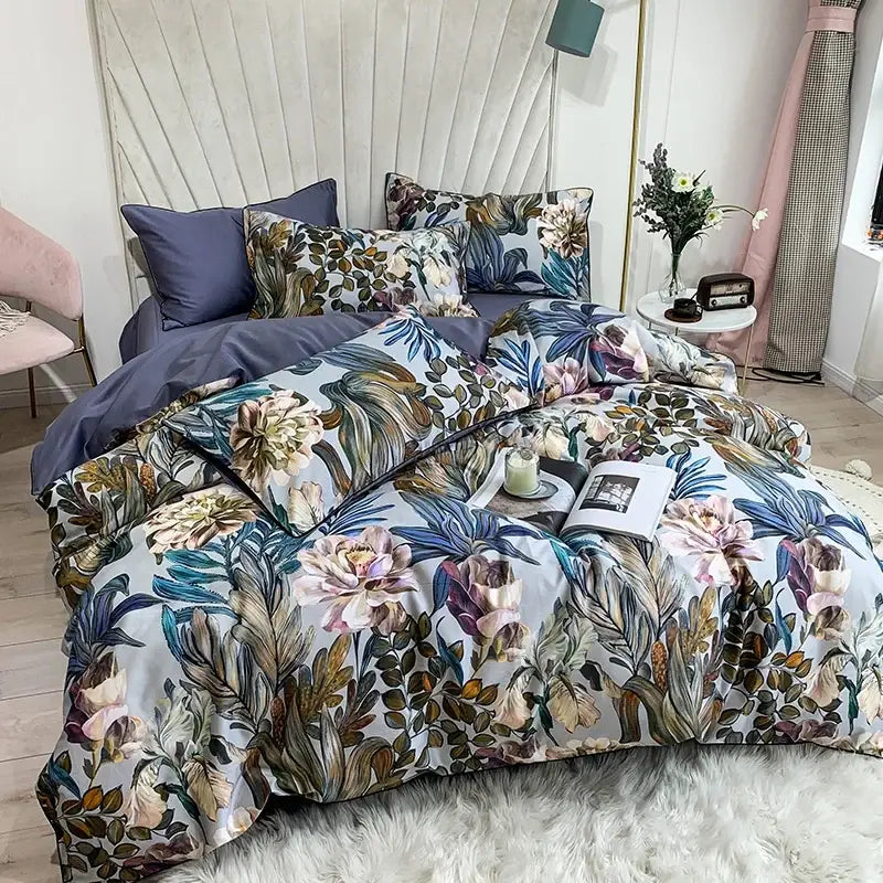 DecorBites luxury Egyptian cotton duvet cover and pillowcases with flamingo leaf pattern in pastel pink blue and green on gray background