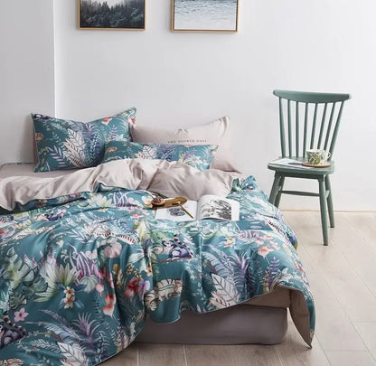 Teal and pink floral printed egyptian cotton duvet cover set with pillowcases featuring a satin-like finish