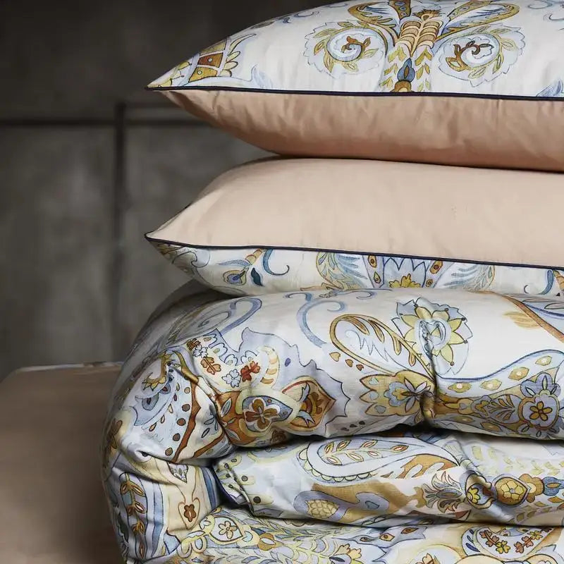 DecorBites luxury Egyptian cotton duvet cover and pillowcases set with ornate cream gold blue paisley pattern on soft fabric