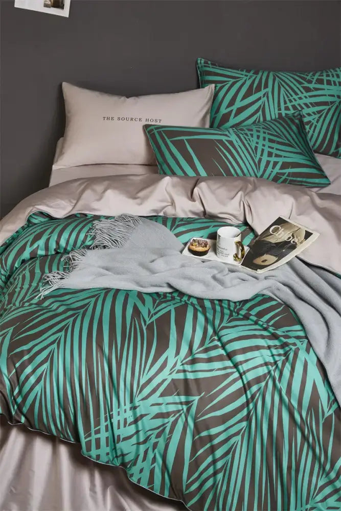 Decorbites luxury egyptian cotton duvet cover set with teal and gray flamingo leaf patterned pillowcases