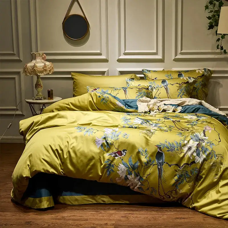DecorBites™ luxury egyptian cotton duvet cover set in vibrant yellow with intricate blue white and pink bird embroidery