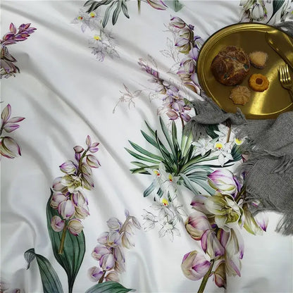 Decorbites luxury egyptian cotton duvet cover and pieces pillowcases with white satin and botanical prints in soft purples and greens