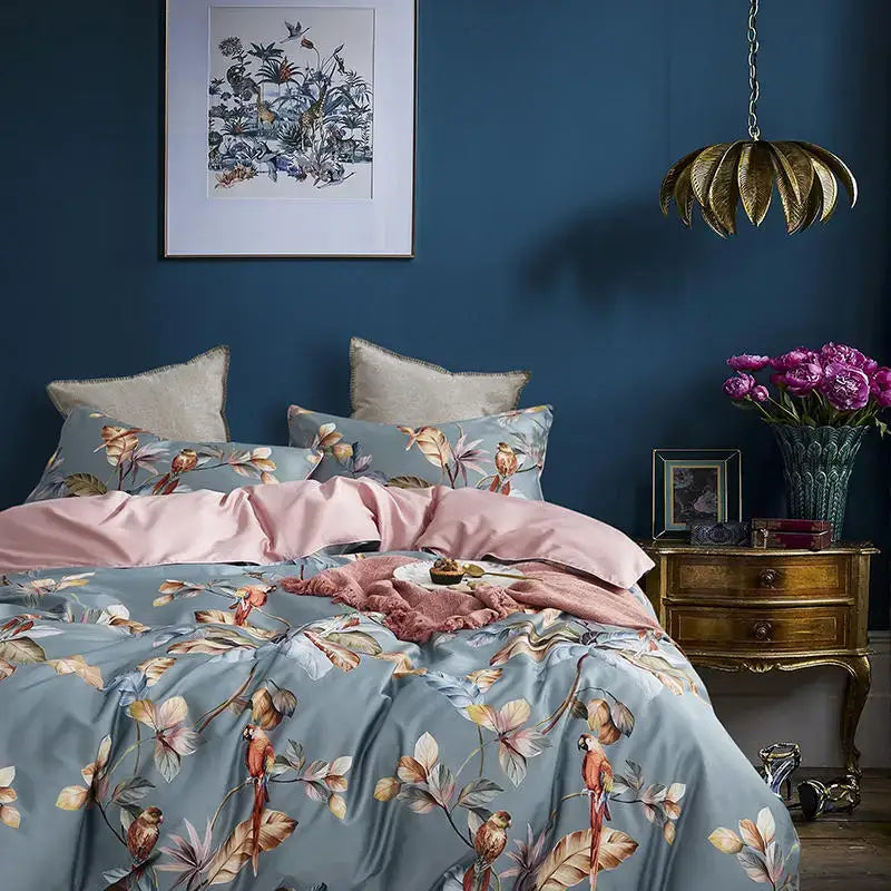 DecorBites™ luxury egyptian cotton duvet cover with vibrant tropical bird and floral pattern and pink pillowcases
